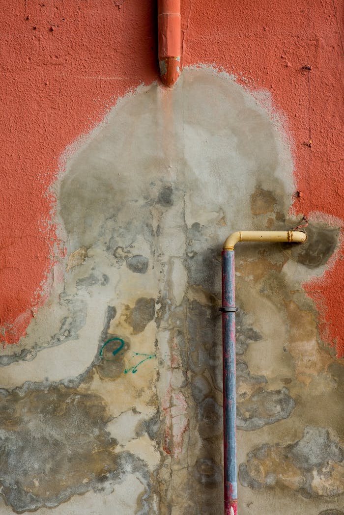 our-services-2 A textured wall with peeling paint and exposed rusty pipes showing effects of water damage.